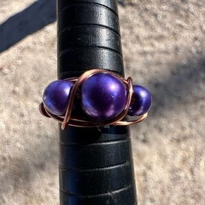 Handmade purple faux pearl copper ring r56